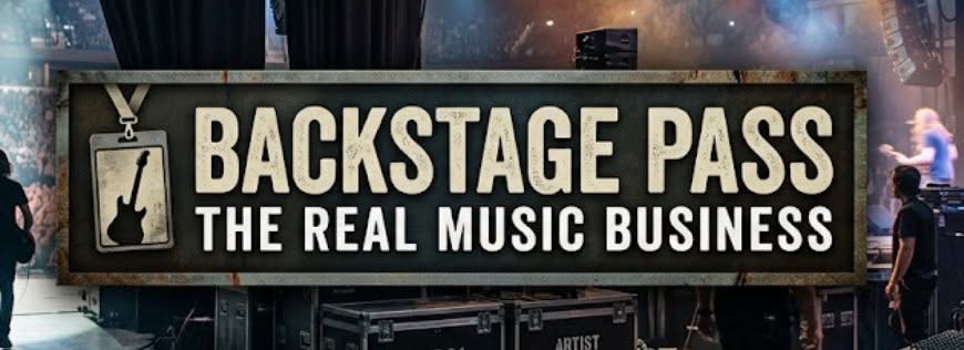 Backstage Pass — The Real Music Business banner: a tour laminate over a stage with road cases